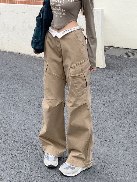 

women's pants s y2k streetwear casual low rise cargo pant straight baggy fashion zipper multiple pocket sports khaki trousers 230322, Black;white