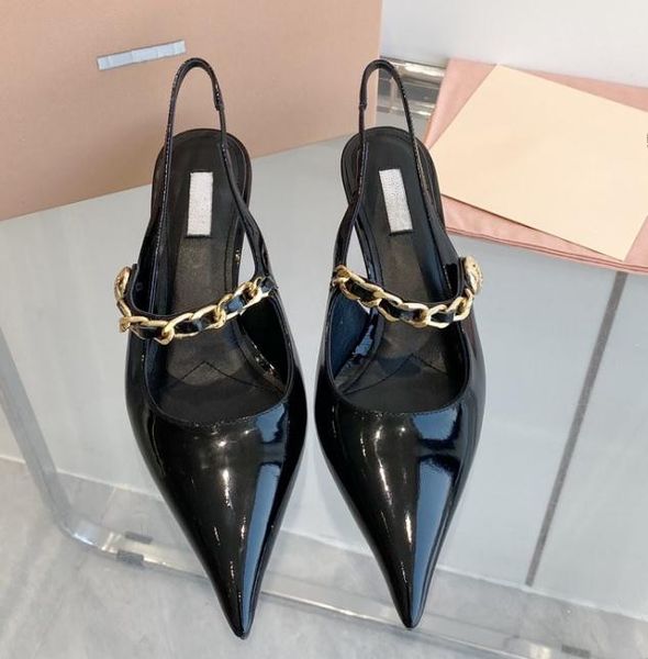 

miu chain women's high-heeled sandals and shoes tie-in chain a word cat heel sandals women retro empty ladies banquet wedding holiday m, Black