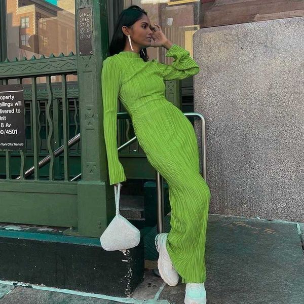 

party dresses autumn green women solid maxi pleated dress elegant long sleeve slim fit bodycon club female pencil robe g1198 y2303, White;black