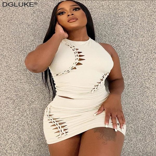 

two piece dress tank and mini skirt sets summer 2 piece outfit sleeveless hollow out night club festival outfits y2k streetwear, White