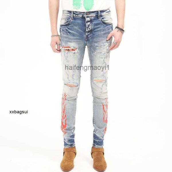 

designer jeans ch high street wash water blue hole cashew flower paste cloth flame printing slim fit legged jeans trendy man