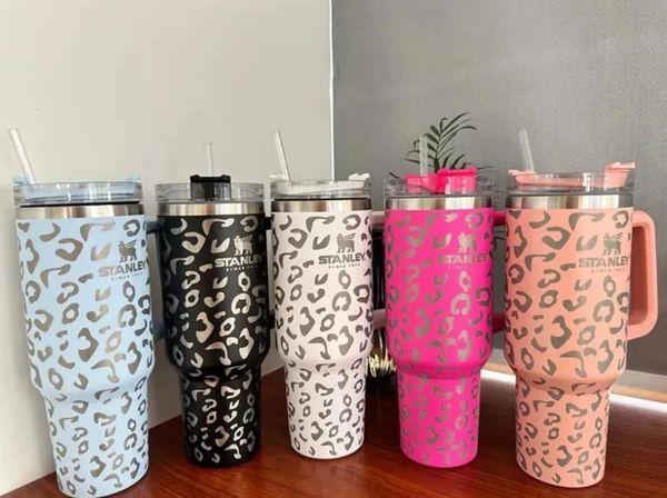 

40oz stanley tumblers mugs leopard with logo handle lid straw stainless steel insulated tumbler travel car cups insulated keep drinks cold w