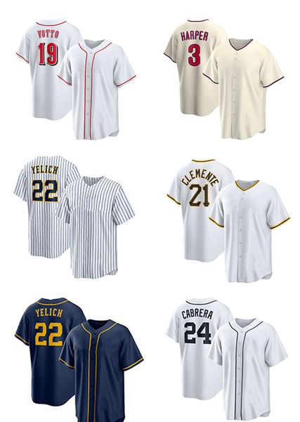 

2023 man baseball jerseys 2 jeter 22 yelich 3 harper 19 votto 21 clemente 22 yelich 24 cabrera 28 posey 99 judge yakuda local online store f, Blue;black