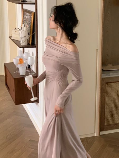 

casual dresses winter elegant midi women off shoulder dress office lady korean fashion long sleeve evening party vestdios robe 230321, Black;gray