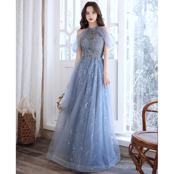 

blue sequined prom dress halter sweet lady princess bridesmaid beading banquet party performance a line elegant evening gown new, Black