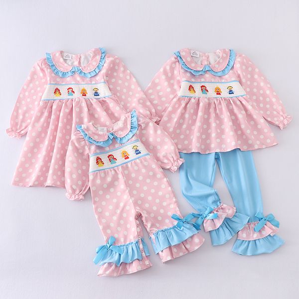 

family matching outfits girls fall winter embroidered polka dots sibling pink smocked dress set romper 230322, Blue