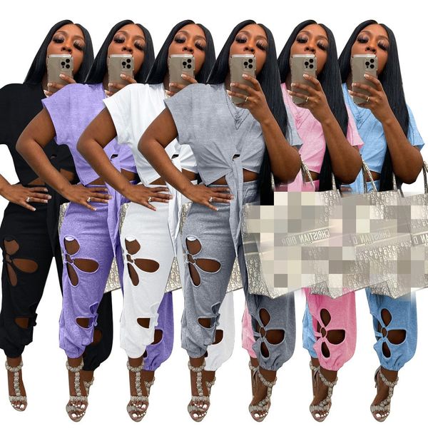 

women's tracksuits designer bluk wholesale loose casual outfits lace crop shirt hollow out pants two piece set women summer trouser su, Gray