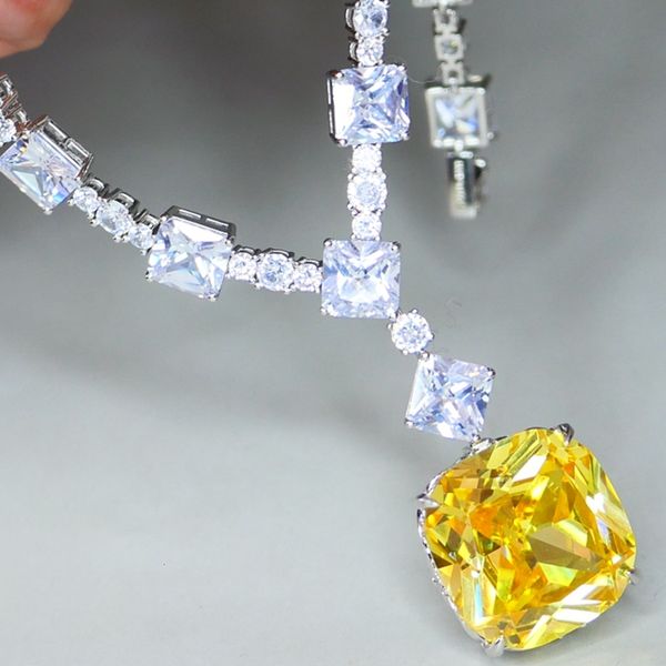 

pendant necklaces kqdance luxury 20mm large square blue pink yellow green stone lab emerald sapphire diamond tennis chain women jewelry 2303, Silver