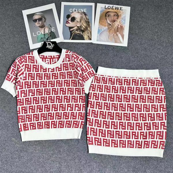 

Designer Women's Set Womens Tracksuits Spring Summer Women's Short Sleeve Short Skirt Knitted Two Piece Luxury Top Sexy Short Skirt, Red