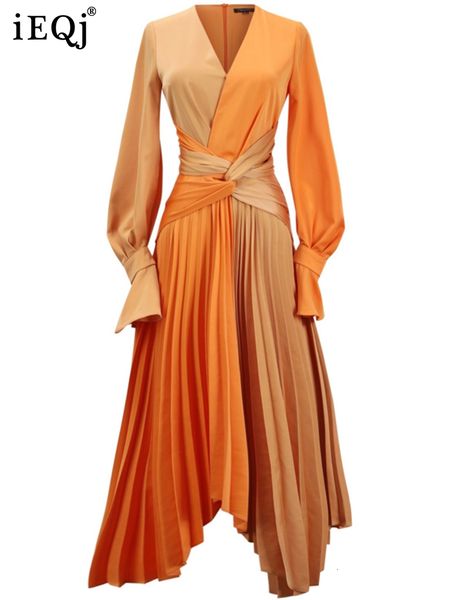 

party dresses ieqj trend v-neck color block midi dress bandage waist orange flare long-sleeved summer dresses woman clothing 3w3788 230322, White;black