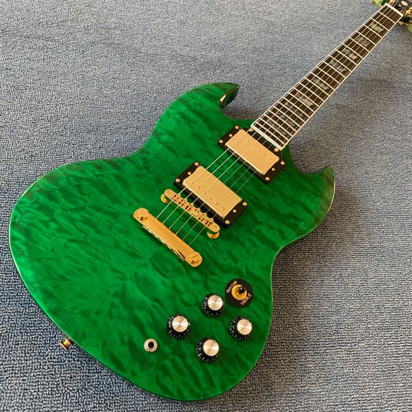 

electric guitar mahogany body and neck,gold hardware,green quilte maple with rosewood fingerboard, ing