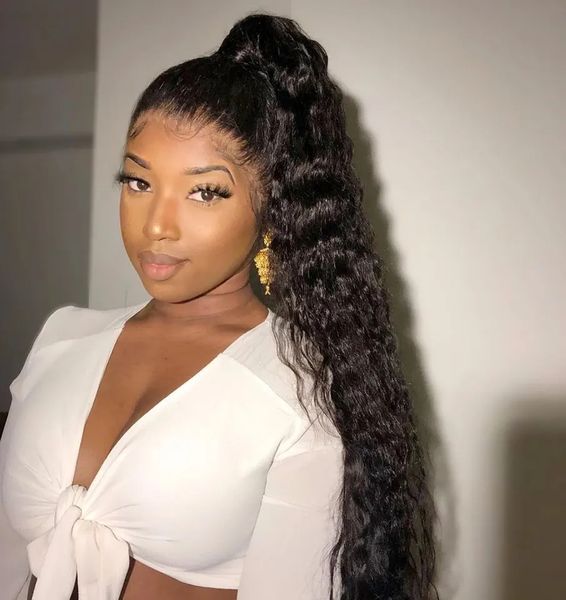 

human hair ponytail for black women deep wave drawstring ponytail brazilian human hair clip in hair extensions 140g 120g jet black color 1