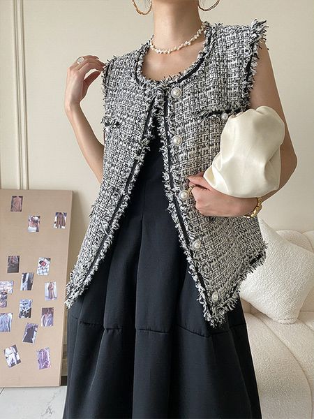 

women's vests vintage elegant tweed vest women v neck sleeveless loose casual all match waistcoat korean chic spring autumn jackets 23, Black;white