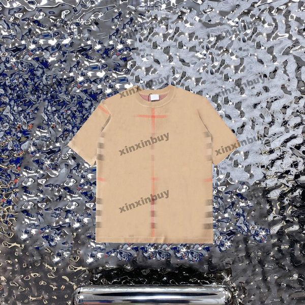 

xinxinbuy men designer tee t shirt 23ss knitted paris plaid print short sleeve cotton women black white blue red xs-2xl, Black;brown