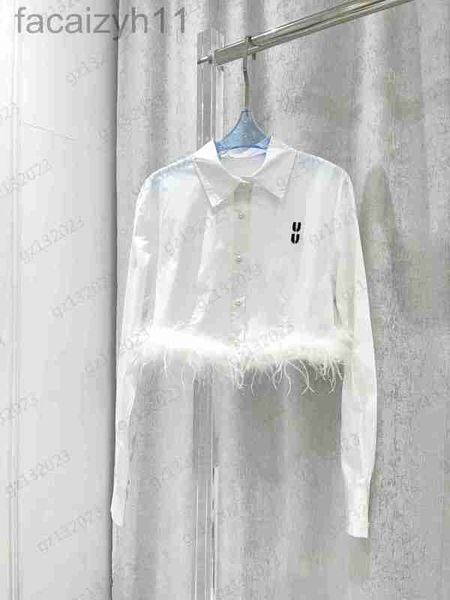 

designer brand blouse shirts letters embroidery pearl button open long sleeve shirt hemline splicing feathers luxury personalized design se, White