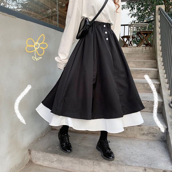 

skirts houzhou vintage elegant ruffle long skirt women kawaii black buttons patchwork a-line midi skirt casual summer korean fashion 230322