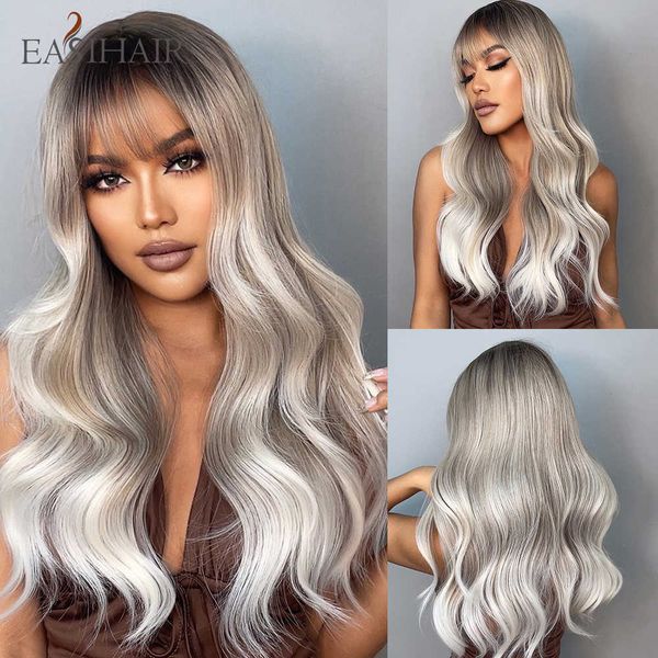 

synthetic wigs easihair long wavy brown grey ombre synthetic wigs with bangs women's platinum heat resistant cosplay wig 230227, Black