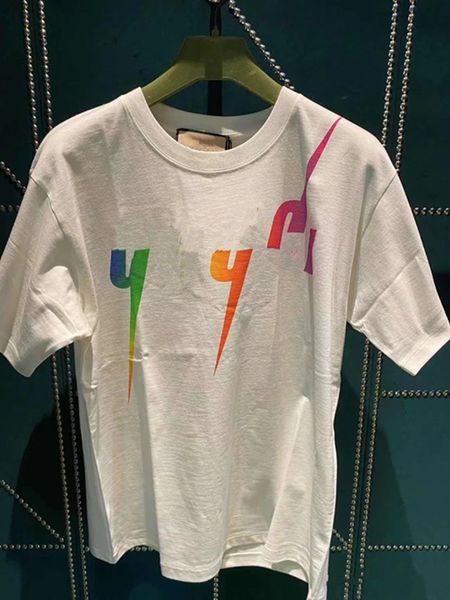 

new 2023 advanced version womens t-shirt italy trendy clothing 2g letter graphic rainbow lightning print couple casual wear cotton round nec, White