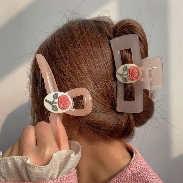 

korean women girls plastic hair claws hair clips headwear sweet rose hairpin crab barrette fashion ornament hair accessories, Slivery;white