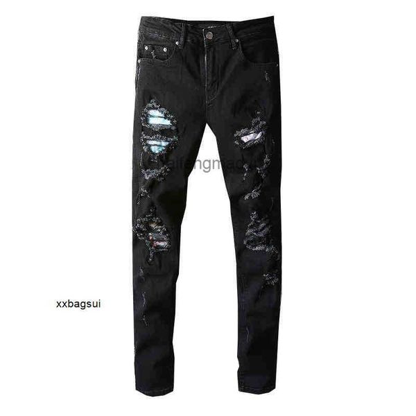 

mens jeans trend fashion brand black patch slim fit elastic legged jeans 661, Blue