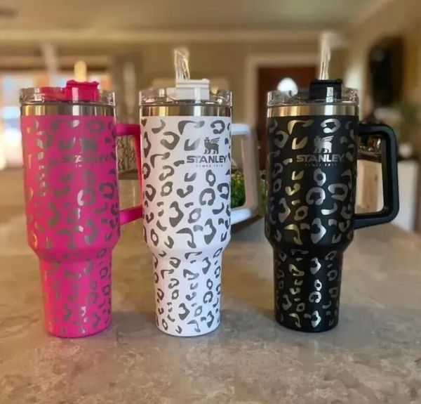 

stanley quencher 40oz tumbler leopard print stainless steel with logo handle lid straw big capacity beer mug water bottle powder coating out