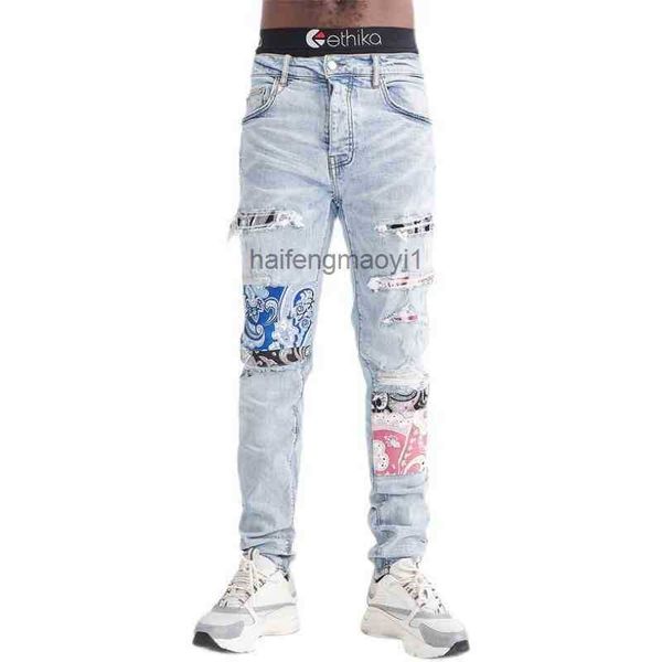 

mens jeans designer fog high street tide brand washing water old contrast color blue cashew flower hole patch cloth slim fit