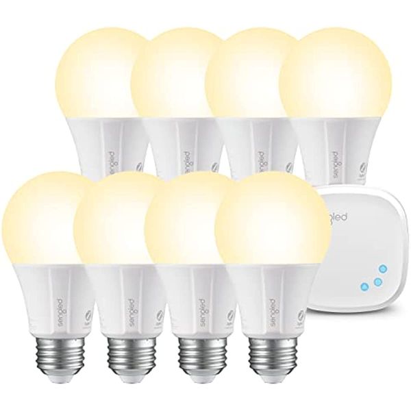 

smart light bulb starter kit, work with alexa, google home, 2700k soft white alexa light bulbs, a19 e26 dimmable bulbs 800lm, 8 bulbs with h