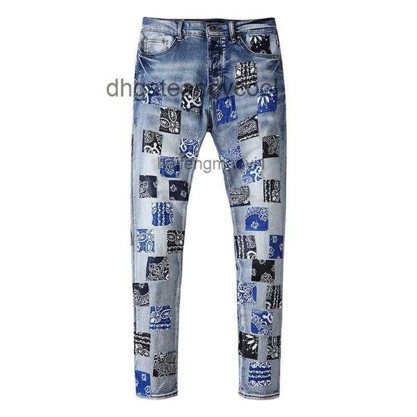 

jeans designer jean mens pant high street cashew blossom printed plaid square hole worn jeans european and american fashion brand, Blue