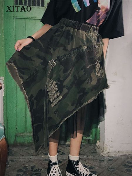 

skirts xitao camouflage mesh splice long skirt street asymmetrical high waist summer clothes for women fashion loose casual xj1689 230322, Black
