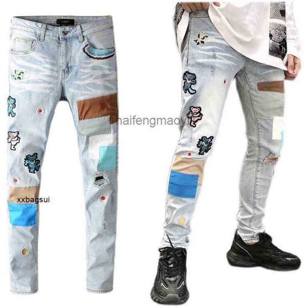 

mens jeans designer high street fashion new light color bear embroidery pierced jeans men's elastic slim small foot long pants, Blue