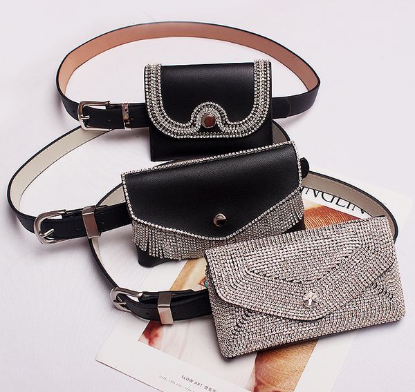 

waist bags glitter full diamond fashion dark buckle pu leather belt pockets ladies dual use three optional 729 230322