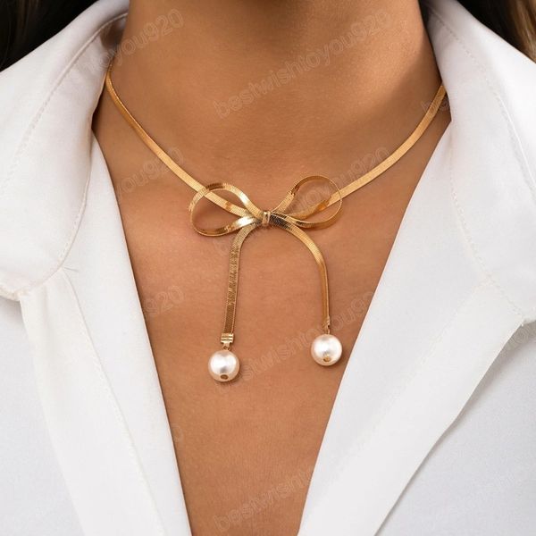 

snake chain knotted short choker necklace for women trendy charms tassels chain with pearl pendant necklace 2023 fashion jewelry, Silver