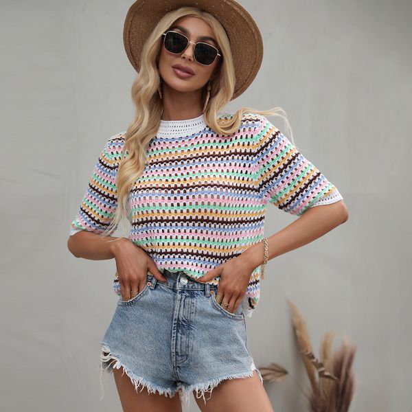 

women's sweaters spring and summer new splicing hollow knit loose foreign trade round neck stripe knit women sweater, White;black
