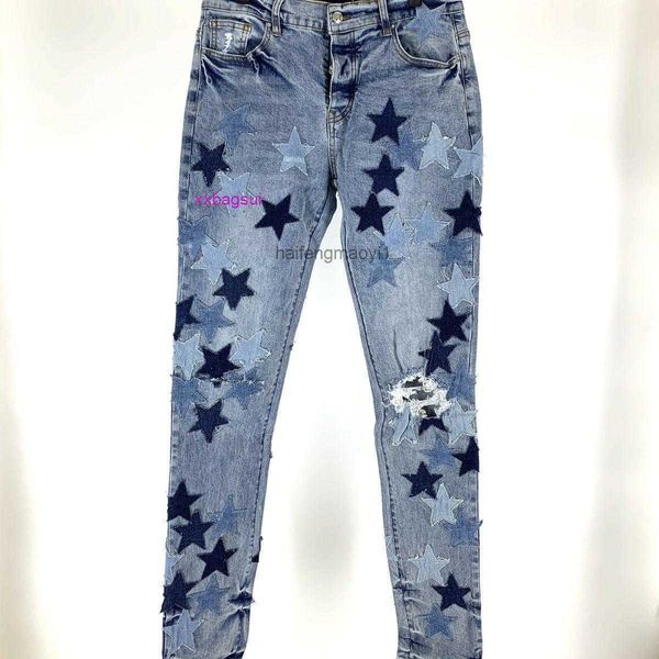 

designer jeans for mens 21s new men's slim leggings patchwork hole knife cut all over the body gradient five pointed star casual pants, Blue
