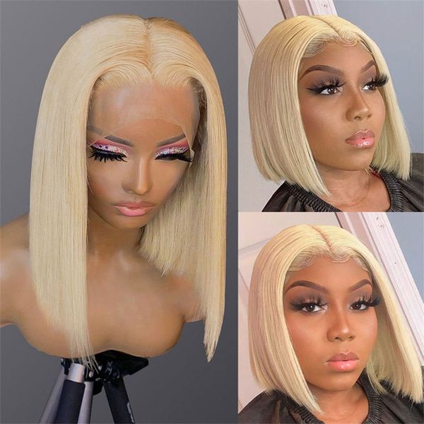 

highlight human hair short bob wigs honey blonde brown brazilian closure synthetic lace front wig for women, Black