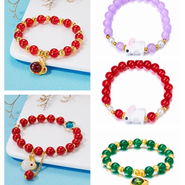 

10pcs new fashion rabbit blessing elastic beaded bracelet for women charm bunny animal bangle jewelry gifts, Golden;silver