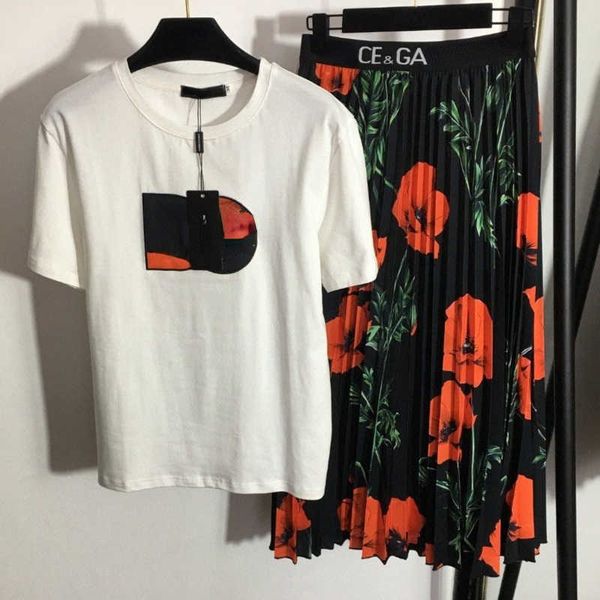 

luxury womens set designer skirt set fashion floral print maxi dress cotton t shirt women two piece brand casual suit, White