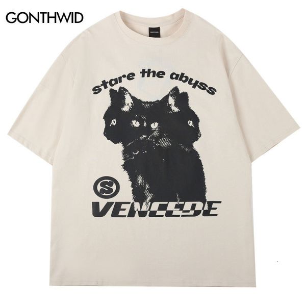 

men s t shirts men hip hop t shirt y2k streetwear cat print punk gothic tshirt harajuku casual loose cotton tee shirts summer short sleeve, White;black