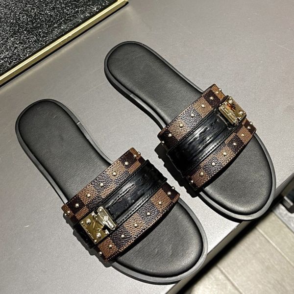 

classic designer women slippers lambskin 100% leather metal buckle mule woman sandal logo shoes beach slides lock it flat heeled shoes 35-41, Black