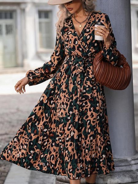 

Casual Dresses Elegant Print V-neck Dress Long Sleeve Waist Lace Up Spring & Summer Women's Clothing, Khaki