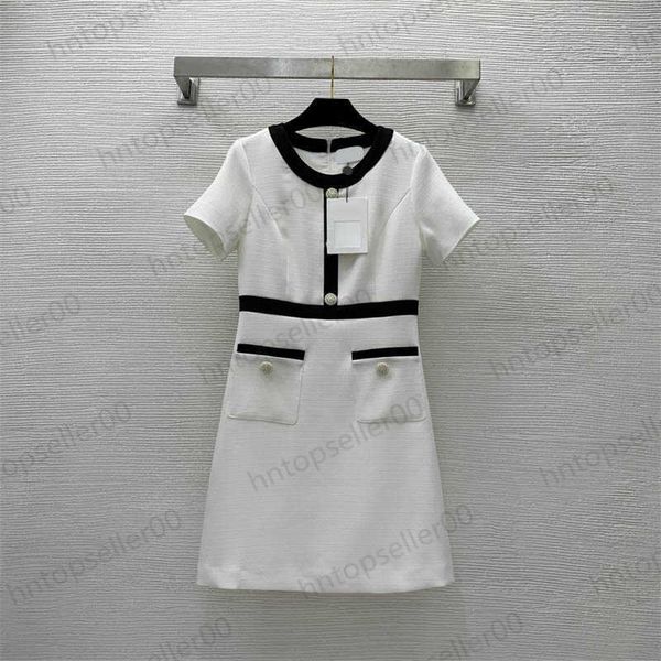 

white womens designer one piece dress summer luxury fashion casual relaxed slim fit simple pearl button set color waist wrapped round neck s, Black;gray
