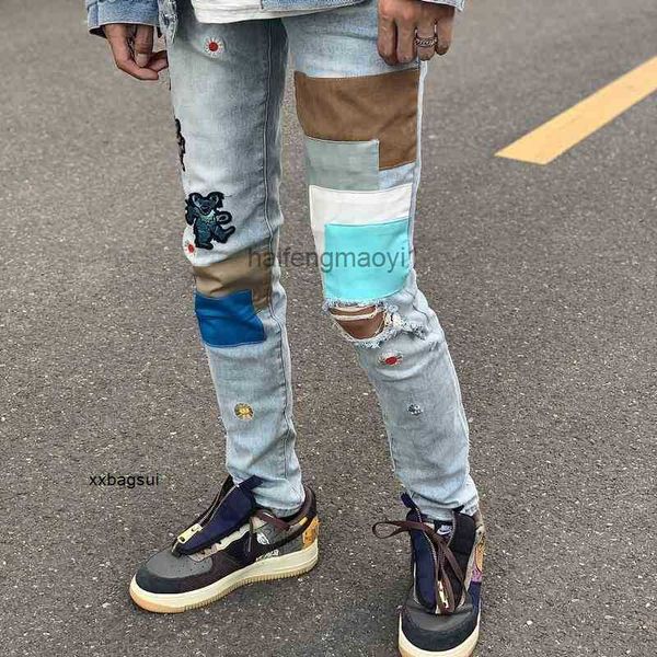 

mens jeans high street fashion brand bear embroidery light blue old hole stitching net red ins jeans fashion