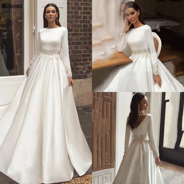 

modest satin a line wedding dresses for bride jewel neck appliqued sash boho bridal gowns simple with long sleeves sweep train muslim elegan, White