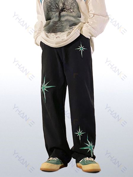 

mens jeans four seasons street hip hop retro embroidered trend straight loose casual pants brand ins shopping 230321, Blue