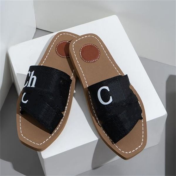 

designer sandals for women mules flat slides lace lettering fabric canvas slippers womens summer outdoor shoes, Black