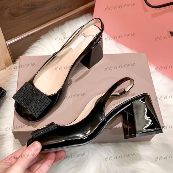 

womens sandals classic designer round head thick heel rhinester office shoes patent leather slippers dress shoe brand retro mule black white