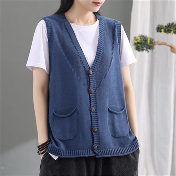 

women's vests sweater vest women spring autumn vintage v-neck oversize knit pocket single breasted sleeveless loose korean style all-ma, Black;white