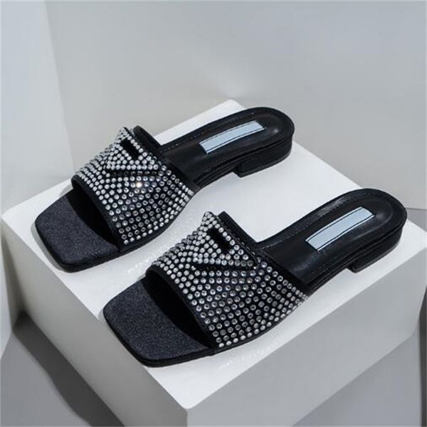 

rhinestones letter sandals designer triangle low heel slippers for women outdoor slides height heels women's shoes, Black