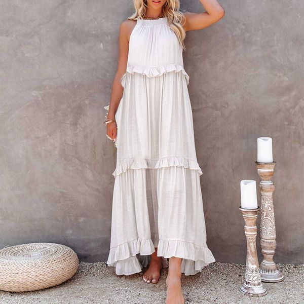 

party dresses 2023 summer beach maxi dress casual loose sleeveless halter boho ruffle swing smocked sundress y2303, White;black