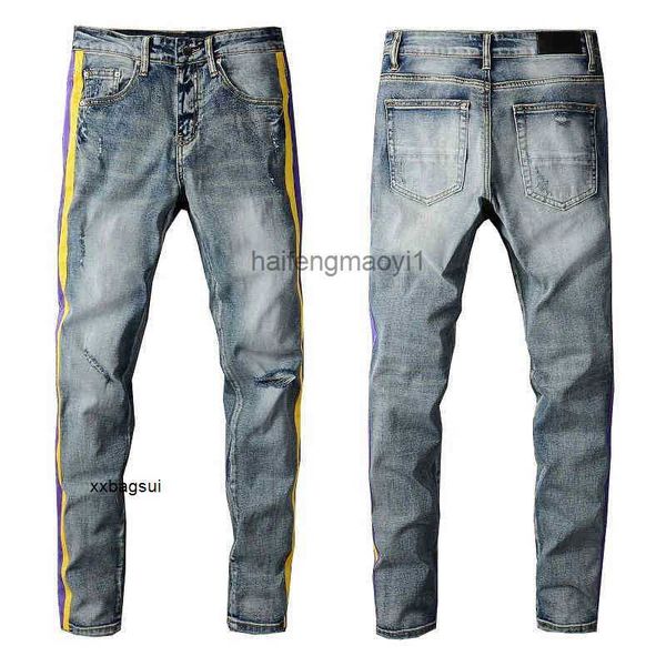 

mens jeans trend high street fashion brand two-color striped hole patch elastic slim fit legged jeans 681, Blue